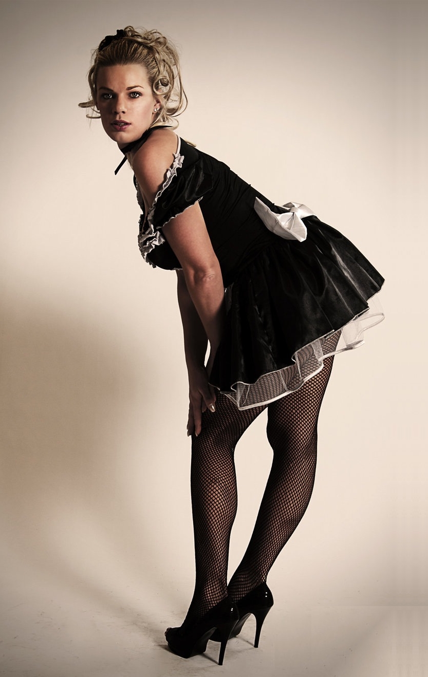 Blonde French Maid wearing Black Fishnet Pantyhose and Black High Heels